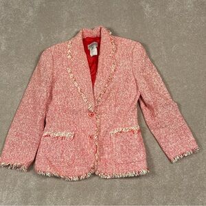 Feraud Pink/Cream Tweed 2 Button Blazer Fringe Hem Vintage Hungary Women's 6‎